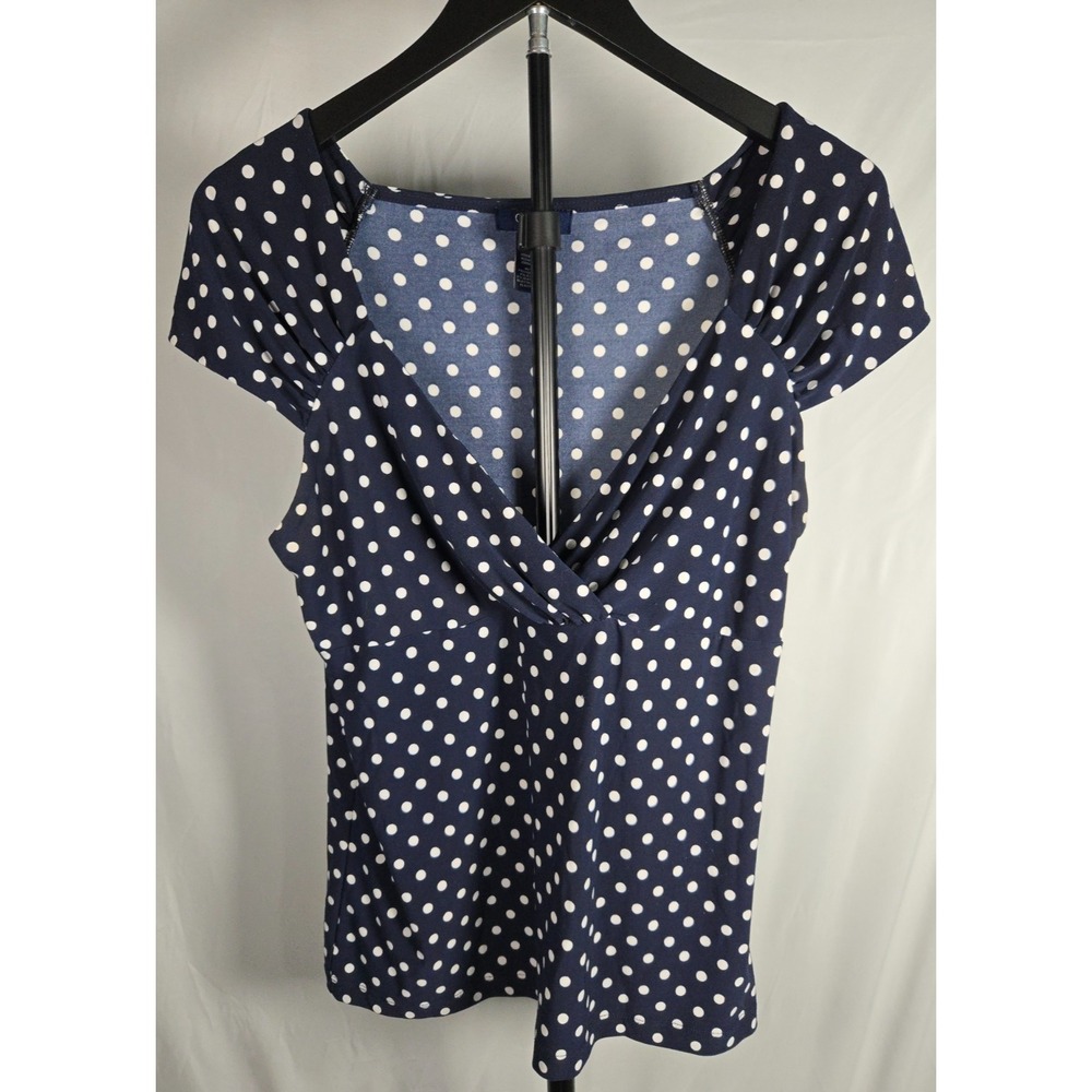 Chaps Polka Dot Faux Wrap Top XL Navy Blue White Short Sleeve Stretch Blouse